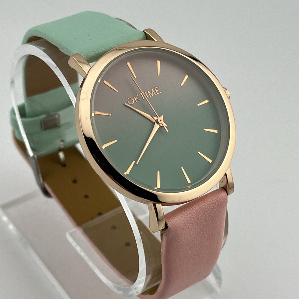 Oktime Watch Women 39mm Rose Gold Cae Pink & Green Band- New Battery